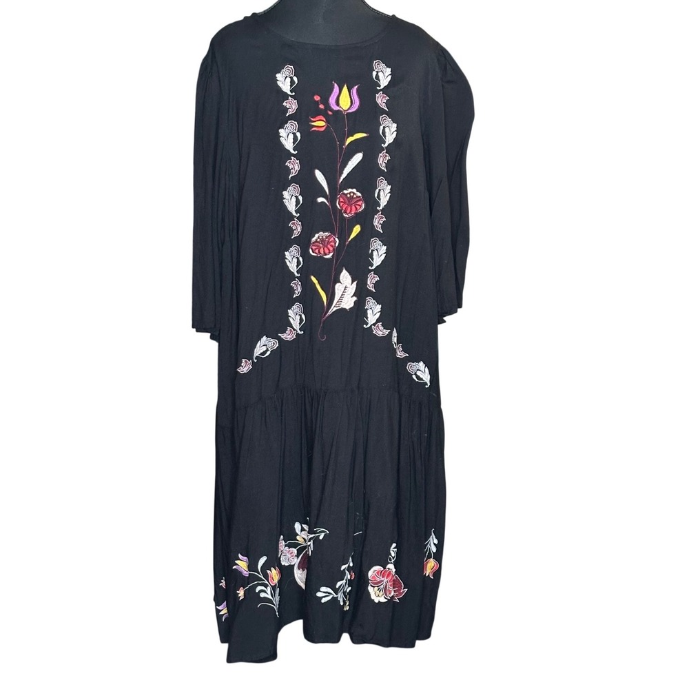 Eloquii Black Embroidered Floral Drop Waist Midi Dress Plus Size 16 Boho